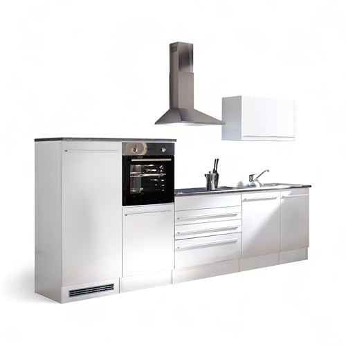 Stella Trading Jazz 4 Moderne Küchenzeile mit Elektrogeräten in Weiß Hochglanz, Metallic Grau - Geräumige Einbauküche mit viel Stauraum - 320 x 200 x 60 cm (B/H/T)