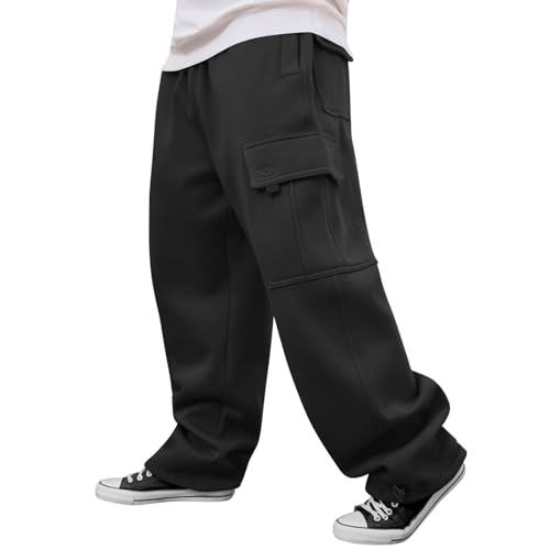 Image of Men's Heavyweight Fleece Cargo Sweatpants Loose Fit Thick Wide Leg Sweats with Pockets