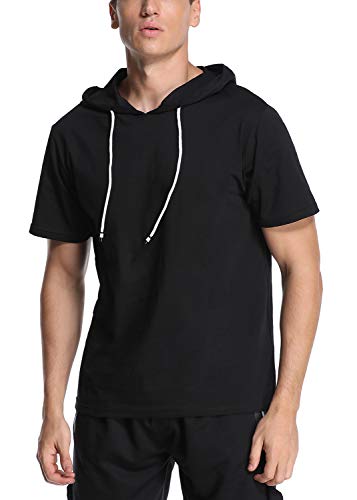 Tee Shirt Homme Manches Courtes Sweats à Capuche Sweatshirts Sportswear Hoodie T Shirt (L,B),L,Noir Cover