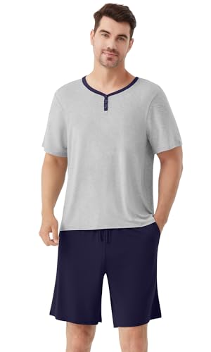 WiWi Mens Pajamas Set Viscose from Bamboo Short Sleeve Top & Pajama Shorts Sleepwear Soft Loungewear with Pockets S-XXL