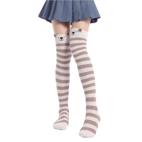Image of Thigh High Fuzzy Socks Cute Animal Coral Fleece Over the Knee Thigh High Long Stockings Warm Stripe