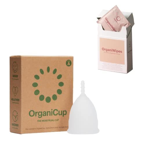 OrganiCup Menstrual Bundle - Reusable Soft Foldable Menstrual Cup Size A & Menstrual Cup Wipes 10pcs. Period Cup for Light to Heavy Flow - Ultimate Essential Period Kit