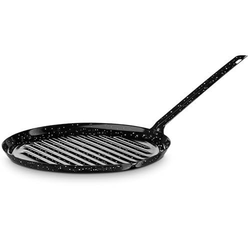 briebe Grill Asador Inducción Rayas 26 cm Acero Esmaltado, Sartén Parrilla Redonda, Apto para Vitrocerámica, Fuego, Gas, Horno, Levante Negro Jaspeado