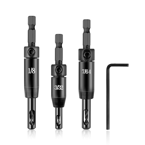 3 Pcs CC2430 Self Centering Drill Bit Set 3/32', 7/64', 1/8' - Self Centering Hinge Drill Bit for 1/4' Hex Shank Drill - Suitable for #6 8 10 Screws