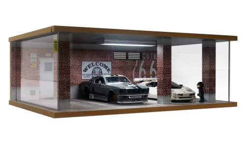 Image of Lego Cars Speed Champions Display Case with Acrylic Cover and LED Lighting for 1 /24 Scale Diecast Cars, 3 Parking Spaces (Route 66)