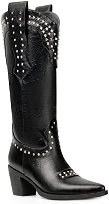 Women Cowboy Boots Ladies Knee High Cowgirl Boots Black Western Boots Rhinestone Chunky Sequin High Heel Cow boy Boots Wide Calf Tall Cowgirl Boots sparkly Bling Country Boots Black Size 9.5
