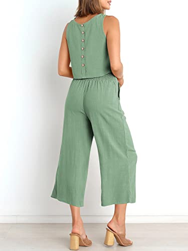 Image of ANRABESS Women's Summer 2 Piece Outfits Sleeveless Tank Crop Button Back Top Cropped Wide Leg Pants Set Pockets