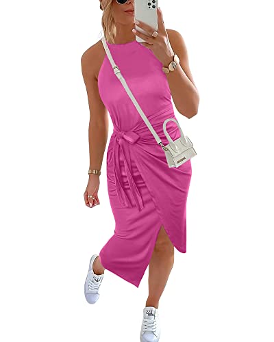 NOLLSOM Women Casual Sleeveless Striped Tank Midi Dresses Halter Neck Ruched Bodycon Dresses Tie Waist T Shirt Summer Dress(Solid Rose Pink,X-Large