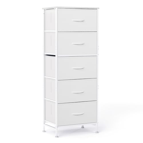 Sweetcrispy 5 Drawer Dresser with Fabric Bins Steel Frame Wood top Storage Chest for Bedroom Closet Hallway White Compact Organizer Durable Home Storage Solution