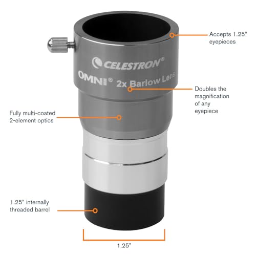 Celestron Omni 1.25" 2X Barlow Lens for Telescope Eyepieces Threaded Barrel - image 2