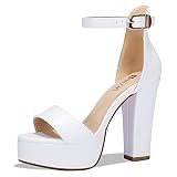 IDIFU Women's Platform Chunky High Heel Sexy Sandals Ankle Strap Open Toe Heeled Shoes for Wedding Party Evening (White Pu, 7.5 M US)