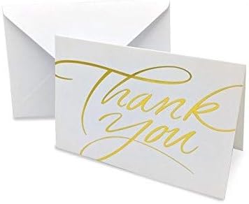 Purple Q Crafts Thank You Cards- Bulk Pack of 100 Cards With Envelopes, Greeting Cards With Hot Stamp Thank You (White/Gold 100 Pack)