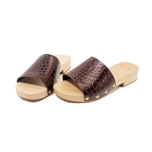 ElleMaxima Women’s Wooden Clogs Sandals Genuine Leather Upper, European Beechwood Sole, Handcrafted Slip-On Slides, Anti-Slip Rubber Outsole, Comfort Casual Summer Shoes(Wine Red-41)