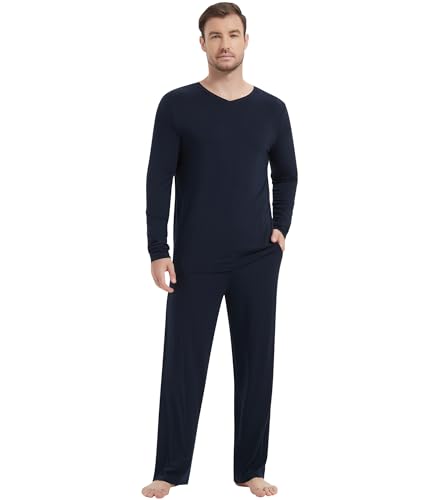 Image of NACHILA Pajamas for Men-Viscose Made from Bamboo, Long Sleeve Pajamas Set Comfy Sleepwear Pants Soft V Neck Pjs with Pockets