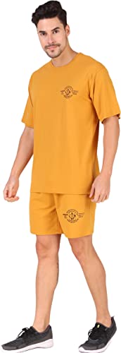 Image of London Hills Cotton Blend Casual Round Neck Co-ord Set for Men's Half Sleeve Oversized T-Shirt and Shorts, Printed Casual Sleepwear & Loungewear Nightdress Night Suits Set