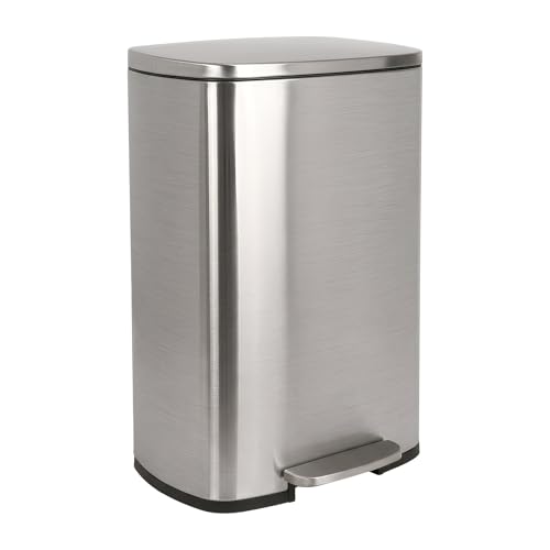 Harbour Housewares 50L Stainless Steel Pedal Bin – Brushed Soft Close Kitchen Trash Can with Foot Pedal, Removable Inner Bucket, Hands-Free Rubbish Bin for Home or Office