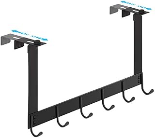 Yangbaga Over The Door Hook, Adjustable Over Door Towel Rack Suit for All Size Doors, Stainless Steel Heavy-Duty Organizer Rack for Clothes, Coat, Hat, Belt, Towels, 6 Hooks, Aluminum, Black