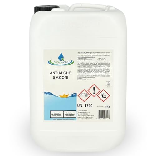 acquaverde | Antialghe 5 Azioni Liquido, Multifunzione non Schiumogeno, Trattamento Acqua di Piscina con effetto Alghicida, Inglobante, Flocculante, Azzurrante e Anticalcare, 25 kg