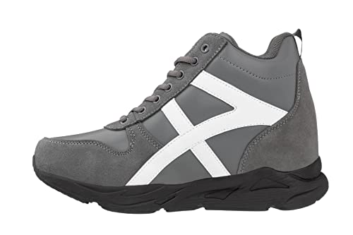 Image of CALTO Men's Invisible Height Increasing Elevator Shoes - Grey /White Lace-up High-Top Hiking Style Sneaker Boots - 3.6 Inches Taller - S22781 - Size 6 D(M) US