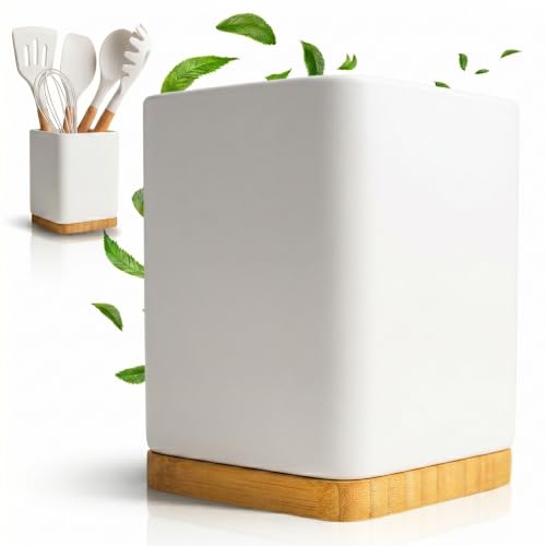 KOOK TIME Porte-ustensiles de cuisine en céramique blanc avec base en bambou | Pot de rangement carré 10,5 x 10,5 x 15 cm | Accessoire moderne pour spatules, louches et fouets