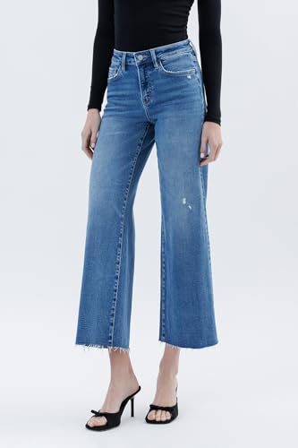 VERVET High Rise Raw Hem Ankle Wide Leg Jeans V36674