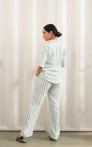 Image of Women's Cotton Loungewear, Nightwear Green and White Stripes Half Sleeves Shirt with Pyjama ; DR.BD-PS-MGSPS