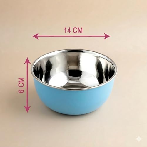 Image of Zaib Stainless Steel and Plastic Coated Microwave Safe Bowls | Multipurpose Storage Containers | No Lid | Capacity - 500 ML (14 CM- 6 Pcs Blue)