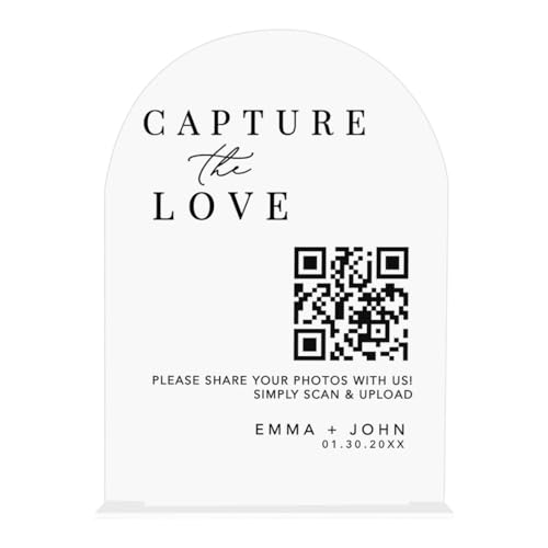 Andaz Press Custom Acrylic Photo QR Code Wedding Sign with Stand, Modern Wedding Signage for Sharing Photos, Capture the Love Sign, 5x7 QR Code Photo Frame to Share Photos, Personalized Wedding Décor
