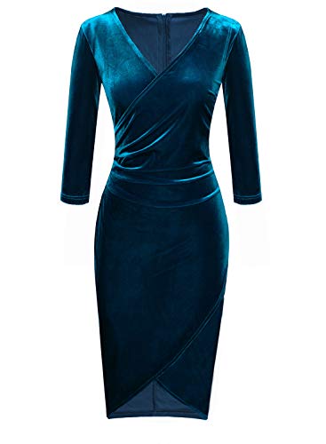 Fantaist Pe ncil Dresses, Women's Deep V Neck Wrap Ruched Velvet Evening Cocktail Dress (XL, FT641-Dark Cyan)