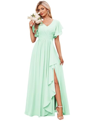 Women's Ruffle Sleeve Bridesmaid Dresses Long Chiffon A-Line V-Neck Empire Waist Formal Dress Evening Gown