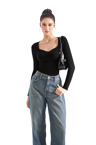 SUUKSESS Women Sweetheart V Neck Long Sleeve Tops Lace Trim Ribbed Modal Fall Going Out Shirts3