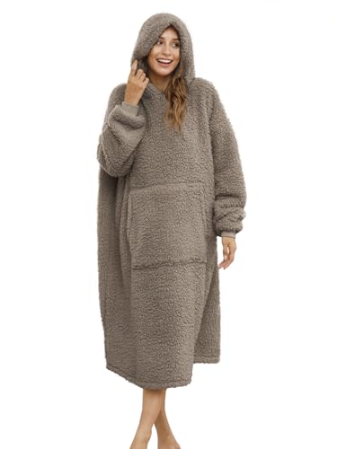 ililmmoe Sherpa Wearable Blanket Oversized Hoodie Sweatshirt TV Blanket with Long Sleeves and Pocket-CoolBrown