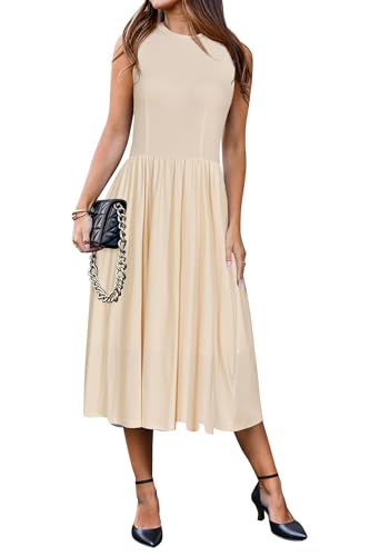 Image of Newshows Summer Dresses for Women UK Sleeveless Crewneck Casual Work Business Midi Sundress with Pockets(Beige,M)
