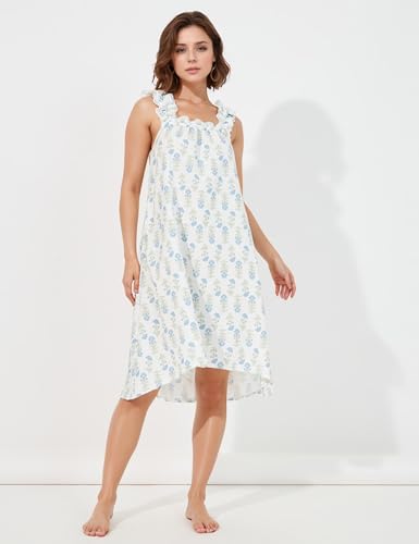 Flygo Nightgowns for Women Ruffle Sleeveless House Dresses Floral Print Sleep Dress Nightdress Sleepwear with Pockets4