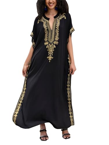 Image of KECVOT Kaftan Dresses for Women Embroidered Short Sleeve V-Neck Plus Size Caftan Bikini Swimsuit Cover-Up Long Beach Dress