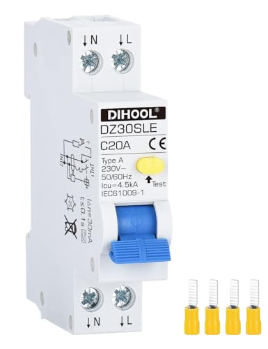 DIHOOL FI/LS Schutzschalter 20A 30mA 0.03 2-polig RCBO C20A Fehlerstromschutzschalter mit 18mm Breite | Bidirektionaler Anschluss FI LS Schalter