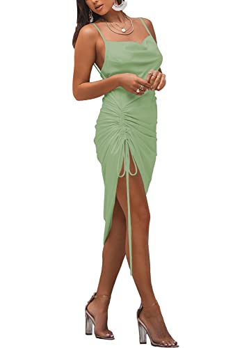 Image of LYANER Women's Satin Spaghetti Straps Cowl Neck Sexy Ruch Cocktail Midi Dresses