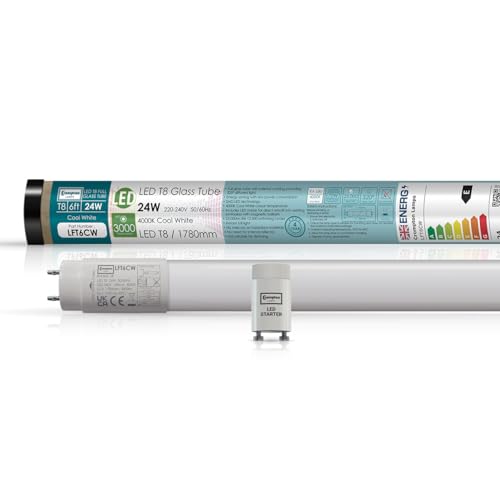 Crompton Lamps 6ft LED T8 Tube, 4000K Cool White, 24W (70W Equivalent), Replacement Fluorescent Tubes for LED Batten Light, Ceiling Strip Lights, Garage Lighting, Includes Fluorescent Starter