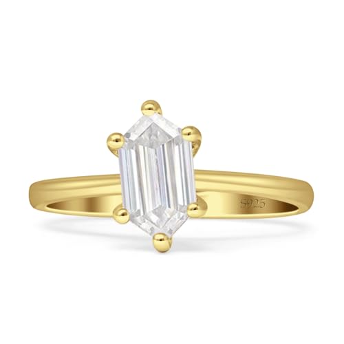 OMRANII 6 Claw Elongated Hexagon Solitaire Ring Cubic Zirconia Wedding Engagement Ring Solid 925 Sterling Silver