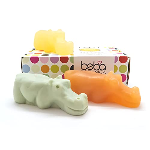 BEBA Botanica - Hippo Natural Soap, Hippo-Shaped Body and Hand Soap Bar with Essential Oils, Vegan Soap for Sensitive Skin, 3-Piece Summer Citrus Soap Bar Set