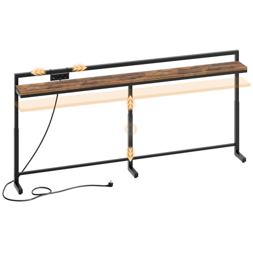 YATINEY 200 cm Konsolentisch mit Verstellbarer Höhe (70–90 cm), Langer schmaler Flurtisch mit verschiebbarer Steckdosenleiste (2AC, 1USB-A, 1USB-C), Langer Eingangstisch für Wohnzimmer, Schlafzimmer