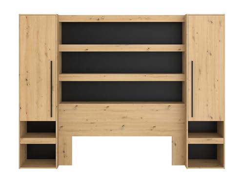 Vente-unique - Pont de lit avec rangements et LEDs - L269 cm - Coloris : Naturel et Noir - VARLY