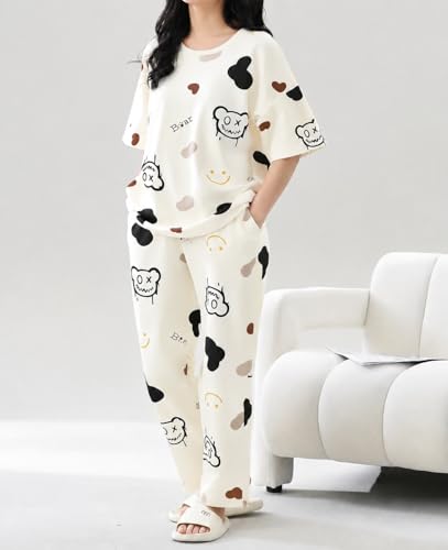 Image of Womens Korean Night Dress || Full Pyjama Set ||Korean Nightsuit || Women Nightwear ||Round Neck Full Sleeve Nightsuit || Loungewear || Everyday Nightdress
