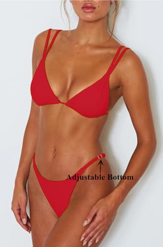 Image of Women's Sexy Thong Bottom Two Piece Bikini Double Shoulder Straps Cute Swimsuit Triangle Bathing Suit