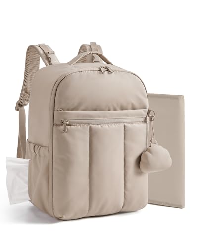 BAGSMART Baby Diaper Bag Backpack Lightweight Puffy Diaper Bag with Insulated Pockets& Pacifier Case Travel Stroller Straps with Waterproof Changing Pad Camel