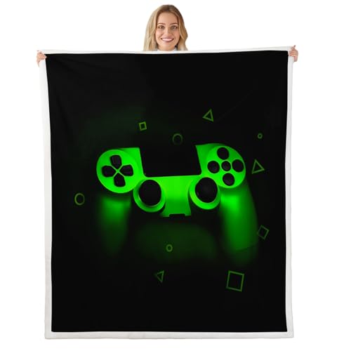 Spieler Überwurfdecke Jungen Spielen Fleece Decke Kinder Videospiel Schlafsofa Schlafsaal Dekoration Spielen Plüschdecke Teens Grün Glitzer Retro Spiel Regler Decke ganzjährig weich 100 x 130 cm