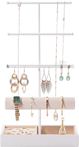 Lolalet 5段ジュエリーホルダー ブレスレットディスプレイラック ベルベットラップブレスレットバージュエリー収納スタンド ネックレス バングル 腕時計 シュシュタワー リングスロット付き