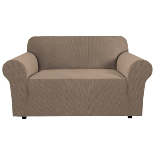 H.VERSAILTEX Stretch Couch Cover Loveseat Covers for 2 Cushion Couch Sofa Slipcover for Love Seat 1 Piece with Elastic Bottom, Checked Jacquard Fabric(Loveseat 58"-70" Wide, Macchiato)