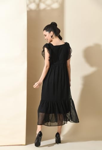 Image of IUGA Georgette Jacquard Butti Square Neck Knee Length Western Dresses for Women (69 Dress Black L)