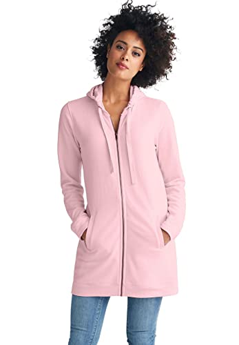 ellos Women's Plus Size Long Zip Front Hoodie French Terry Long Oversized Lightweight Jacket - 1X, Misty Rose